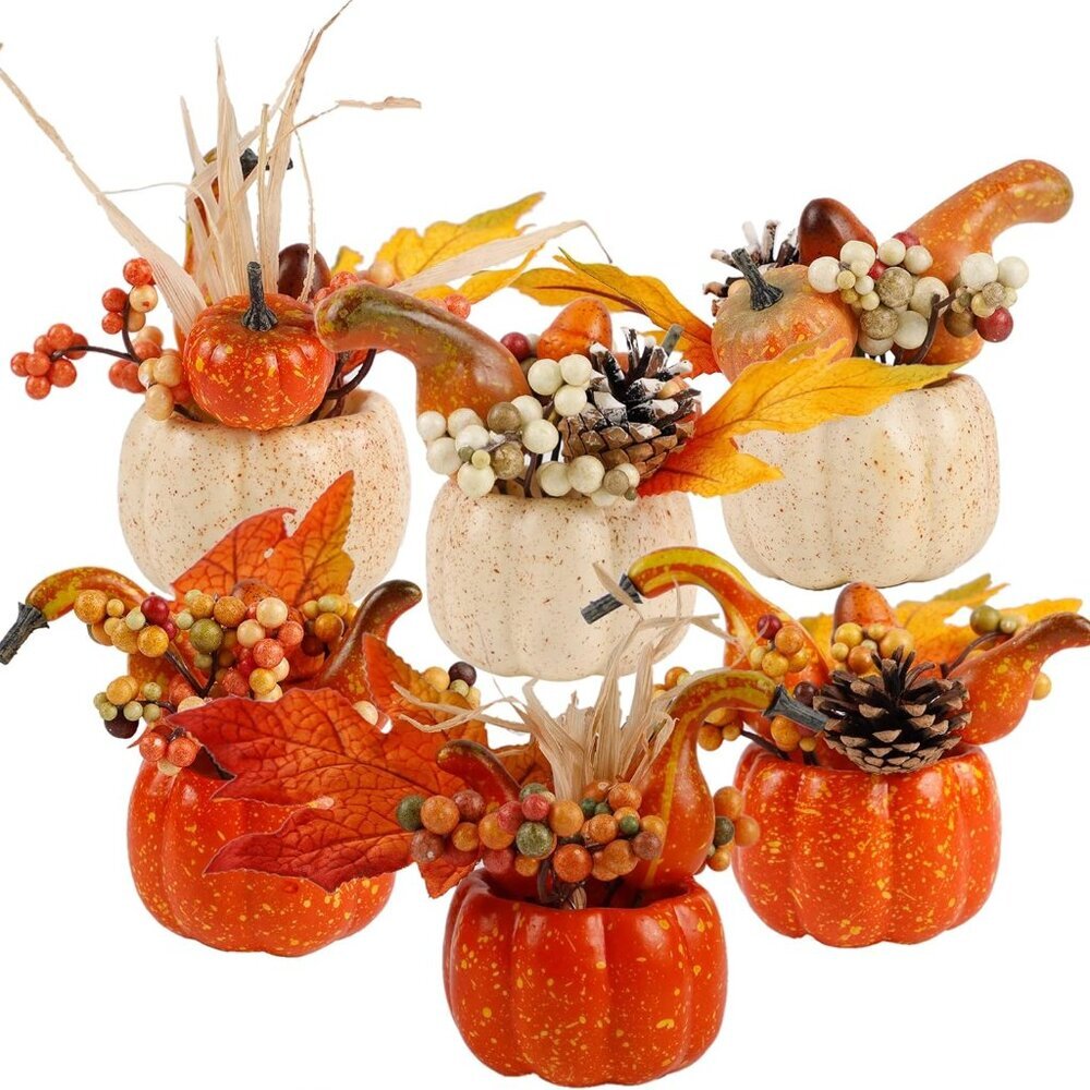 Fall Decorations for Home - Set of 6 Artificial Pumpkin, Berry & Pine Cone Table